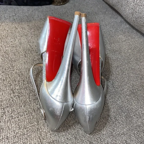Christian Louboutin Metallic Silver Heels with Iconic Red Soles - Picture 6 of 9